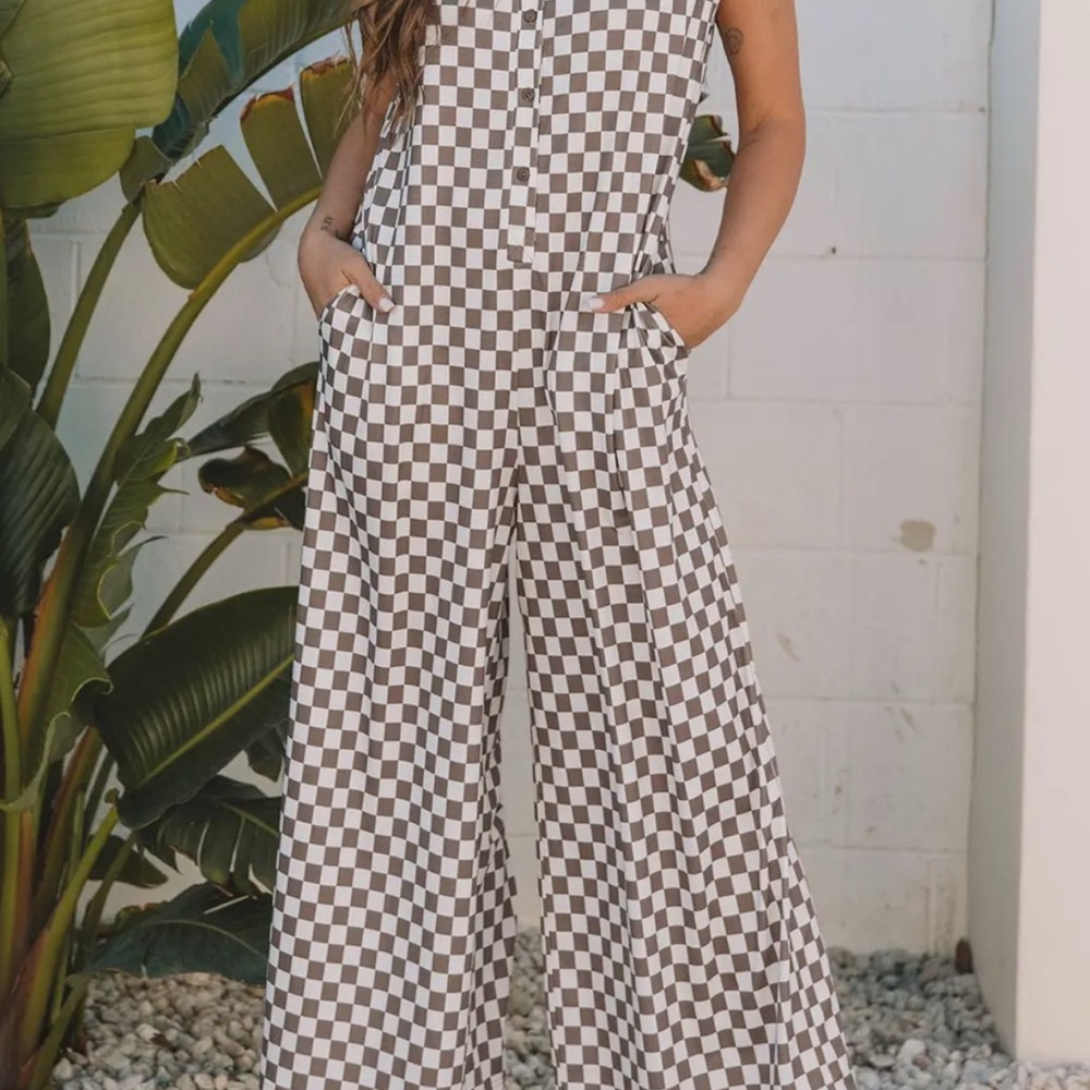 Checkered Wide leg Jumpsuit in Brown and White